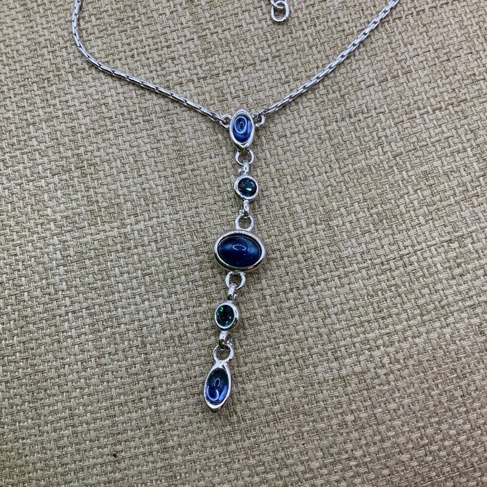 Monet Blue Crystals Drop Silver Tone Chain Elegant Necklace
